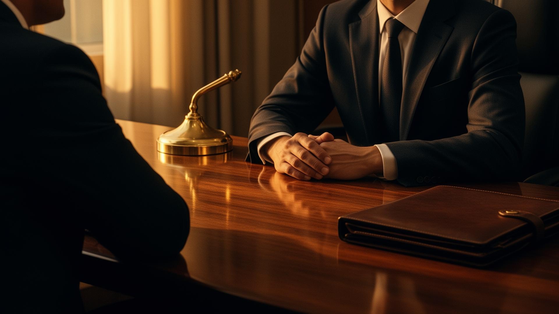 Two executives in formal discussion across a polished conference table at dusk